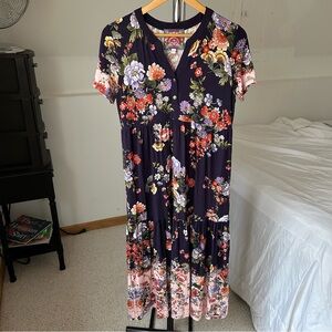 Johnny Was Tiered Henley Knit Floral Midi Dress Small